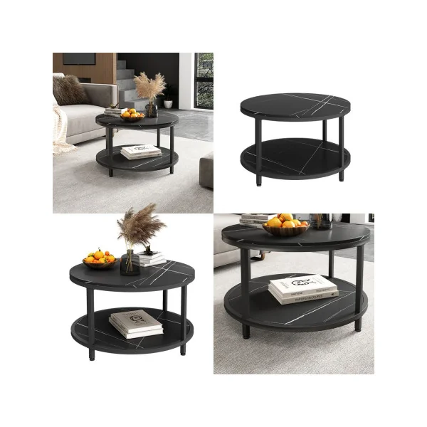 Table Basse Ronde 86 cm Noir Marbré et Noir Métal Table de Salon Moderne
