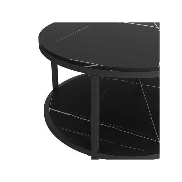 Table Basse Ronde 86 cm Noir Marbré et Noir Métal Table de Salon Moderne