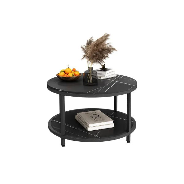 Table Basse Ronde 86 cm Noir Marbré et Noir Métal Table de Salon Moderne