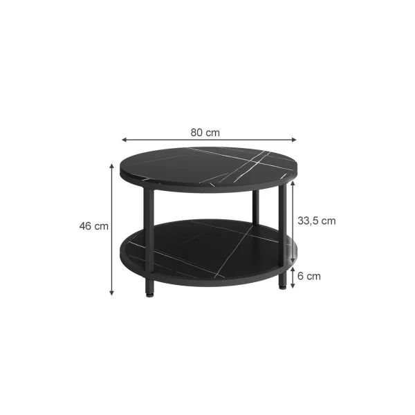Table Basse Ronde 86 cm Noir Marbré et Noir Métal Table de Salon Moderne
