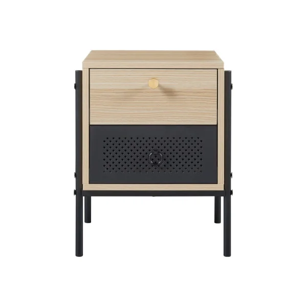 Table Chevet Chêne et Métal Noir 2 Tiroirs Table de Nuit Moderne Chambre