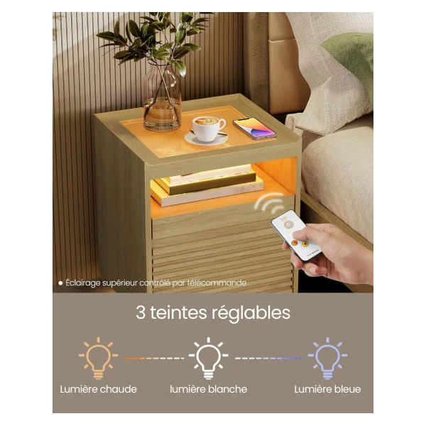 Table Chevet Dessus LED 3 Couleurs Table de Nuit Moderne Chêne Petite Table d'Appoint