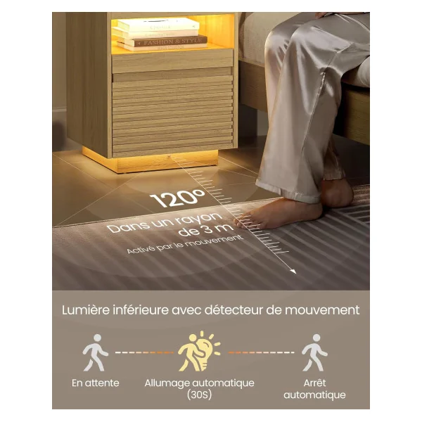 Table Chevet Dessus LED 3 Couleurs Table de Nuit Moderne Chêne Petite Table d'Appoint