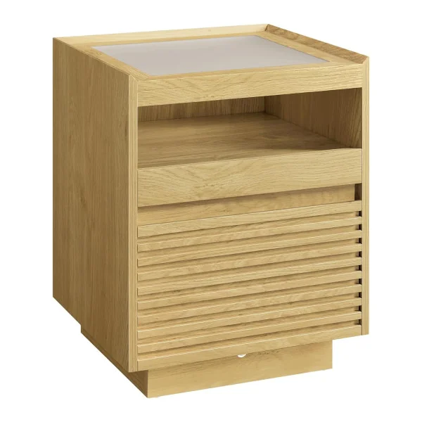 Table Chevet Dessus LED 3 Couleurs Table de Nuit Moderne Chêne Petite Table d'Appoint