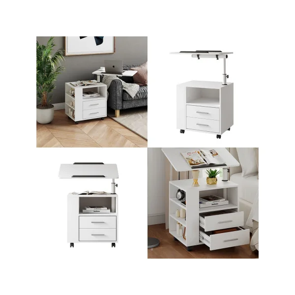 Table Chevet Mobile Blanche 2 Tiroirs et Rangement avec Plan de Travail Pivotant Table de Nuit Chambre
