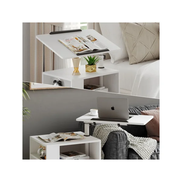 Table Chevet Mobile Blanche 2 Tiroirs et Rangement avec Plan de Travail Pivotant Table de Nuit Chambre