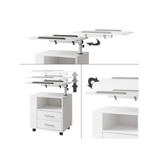 Table Chevet Mobile Blanche 2 Tiroirs et Rangement avec Plan de Travail Pivotant Table de Nuit Chambre