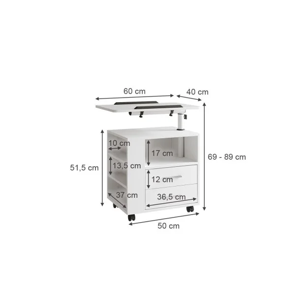 Table Chevet Mobile Blanche 2 Tiroirs et Rangement avec Plan de Travail Pivotant Table de Nuit Chambre