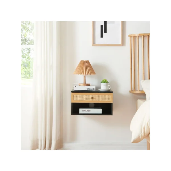 Table Chevet Suspendu avec Tiroir Noir Rotin Table de Nuit Moderne