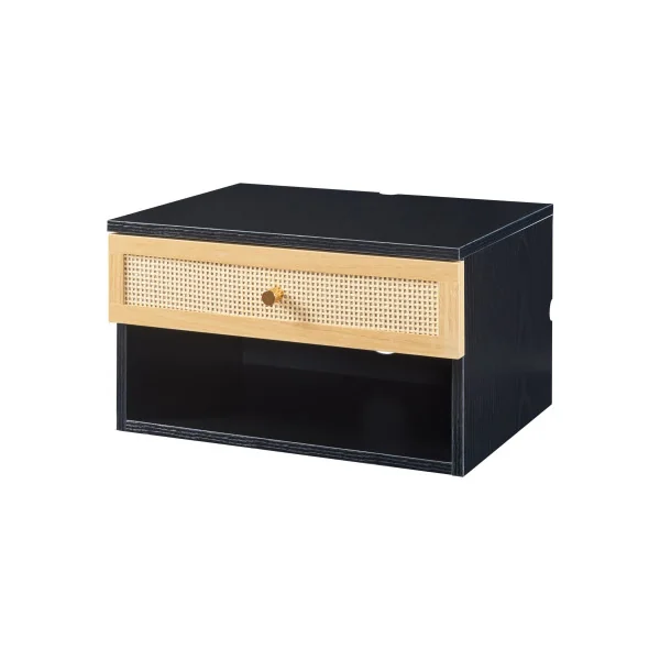 Table Chevet Suspendu avec Tiroir Noir Rotin Table de Nuit Moderne