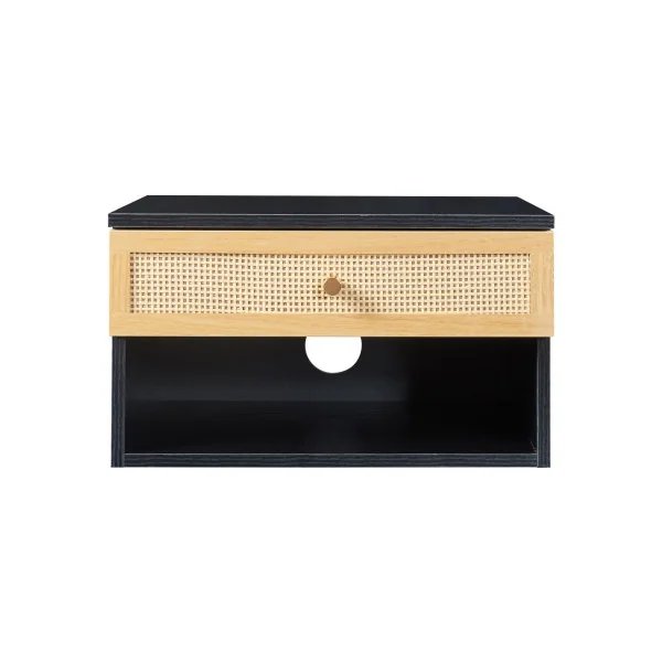 Table Chevet Suspendu avec Tiroir Noir Rotin Table de Nuit Moderne