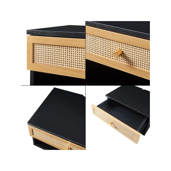 Table Chevet Suspendu avec Tiroir Noir Rotin Table de Nuit Moderne