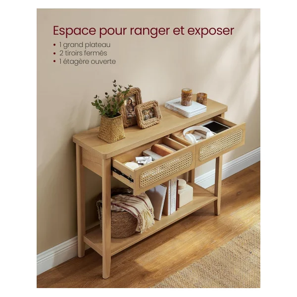 Table Console 2 tiroirs Bohème Façade Cannage Table d'Entrée Tendance Chêne