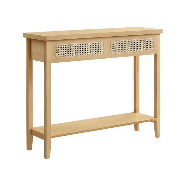 Table Console 2 tiroirs Bohème Façade Cannage Table d'Entrée Tendance Chêne