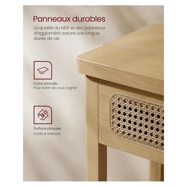Table Console 2 tiroirs Bohème Façade Cannage Table d'Entrée Tendance Chêne