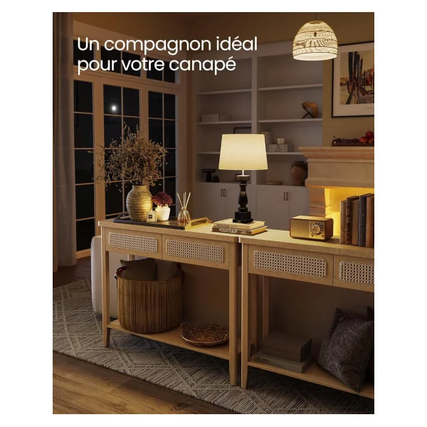 Table Console 2 tiroirs Bohème Façade Cannage Table d'Entrée Tendance Chêne