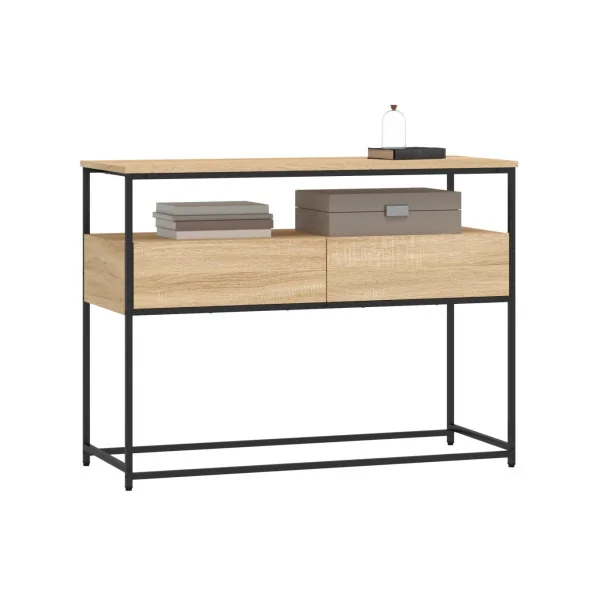 Table Console 2 Tiroirs Métal et Chêne 100 cm Table d'Entrée Industrielle