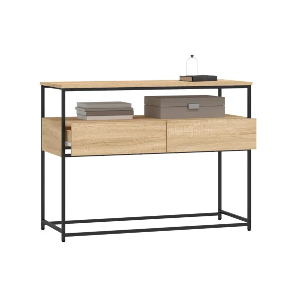 Table Console 2 Tiroirs Métal et Chêne 100 cm Table d'Entrée Industrielle