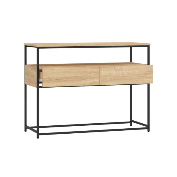 Table Console 2 Tiroirs Métal et Chêne 100 cm Table d'Entrée Industrielle