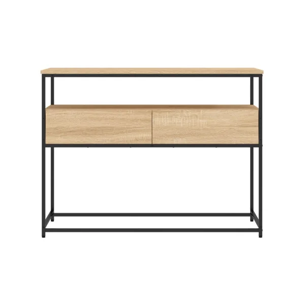 Table Console 2 Tiroirs Métal et Chêne 100 cm Table d'Entrée Industrielle