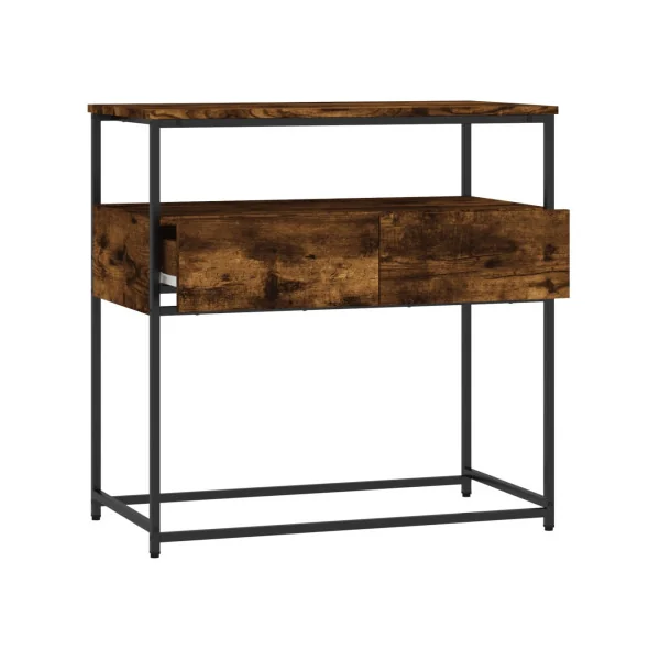 Table Console 2 Tiroirs Métal et Chêne Fumé Table d'Entrée Industrielle