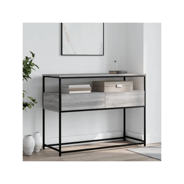 Table Console 2 Tiroirs Métal et Chêne Gris 100 cm Table d'Entrée Industrielle