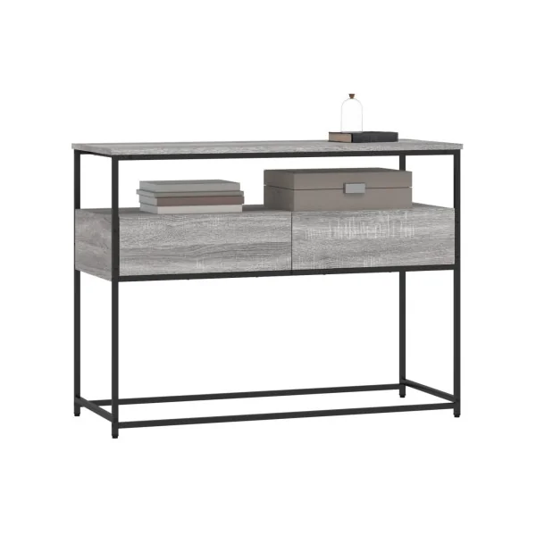 Table Console 2 Tiroirs Métal et Chêne Gris 100 cm Table d'Entrée Industrielle
