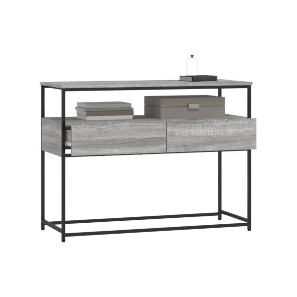 Table Console 2 Tiroirs Métal et Chêne Gris 100 cm Table d'Entrée Industrielle