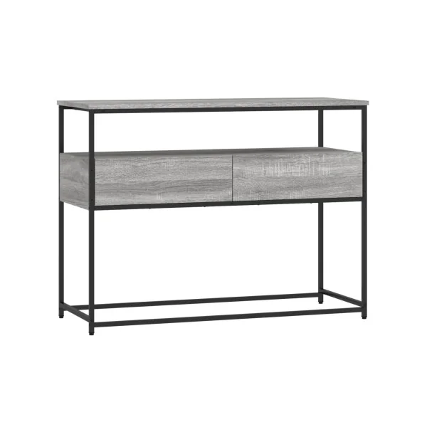Table Console 2 Tiroirs Métal et Chêne Gris 100 cm Table d'Entrée Industrielle