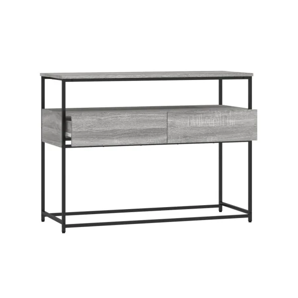 Table Console 2 Tiroirs Métal et Chêne Gris 100 cm Table d'Entrée Industrielle