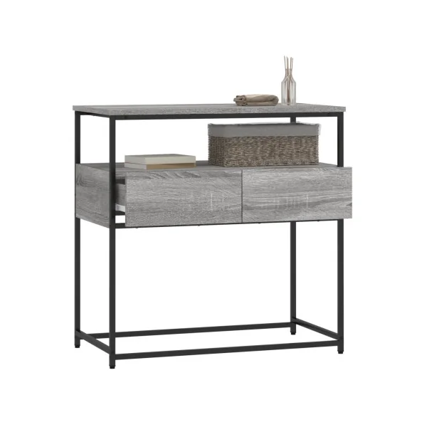 Table Console 2 Tiroirs Métal et Chêne Gris Table d'Entrée Industrielle
