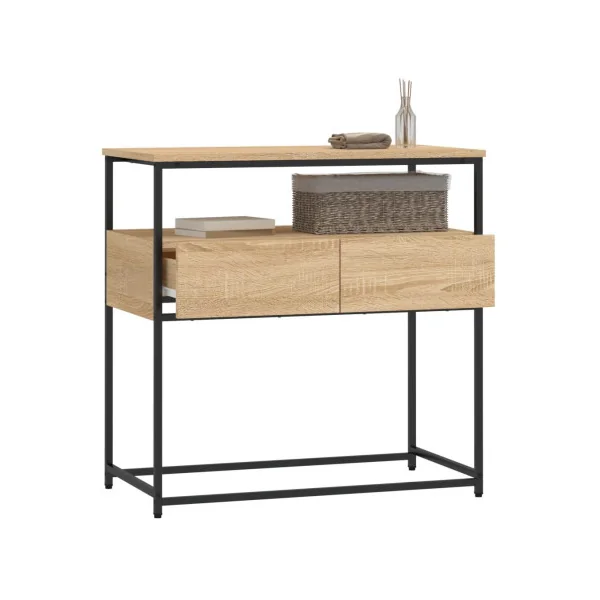 Table Console 2 Tiroirs Métal et Chêne Table d'Entrée Industrielle