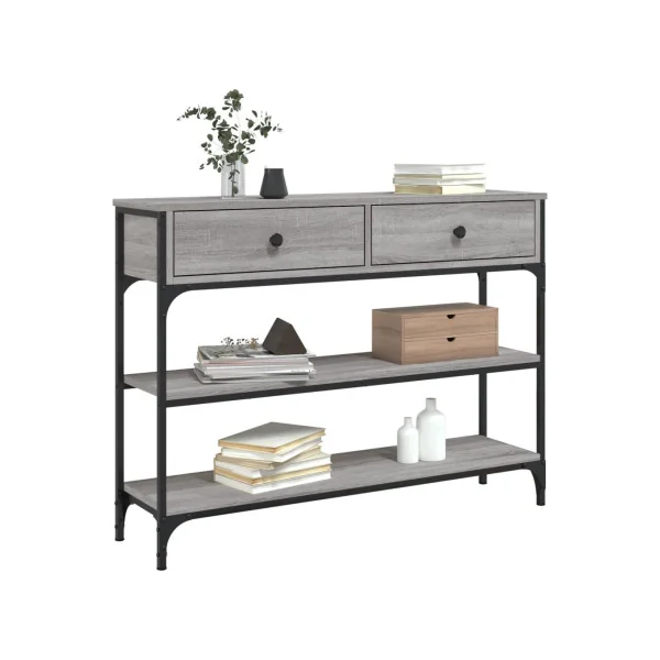 Table Console Chêne Gris et Métal Noir 2 tiroirs Table d'Entrée
