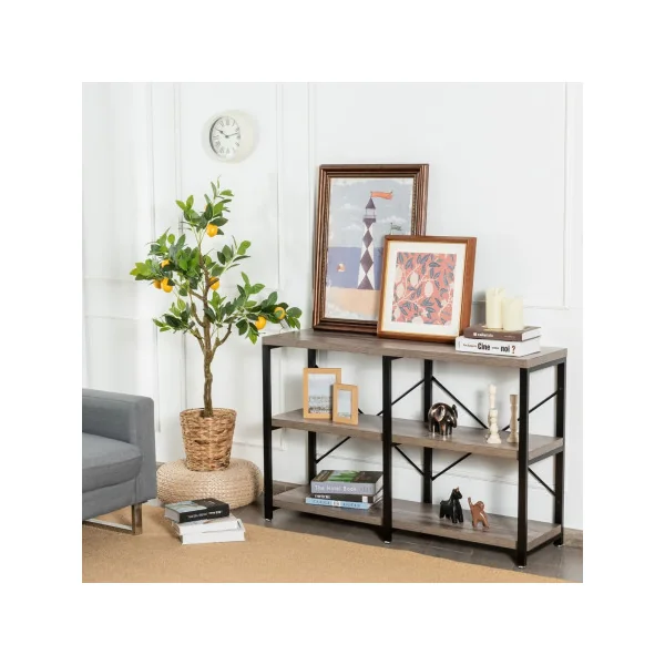 Table Console d'Entrée 120 cm Acier Noir et Bois Café Meuble d'Entrée Table Etroite de Couloir