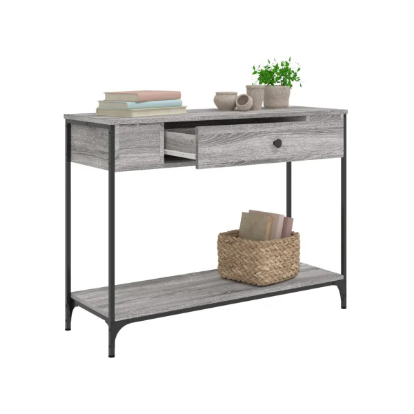 Table Console Métal et Chêne Gris Table d'Entrée Industriel 2 Tiroirs