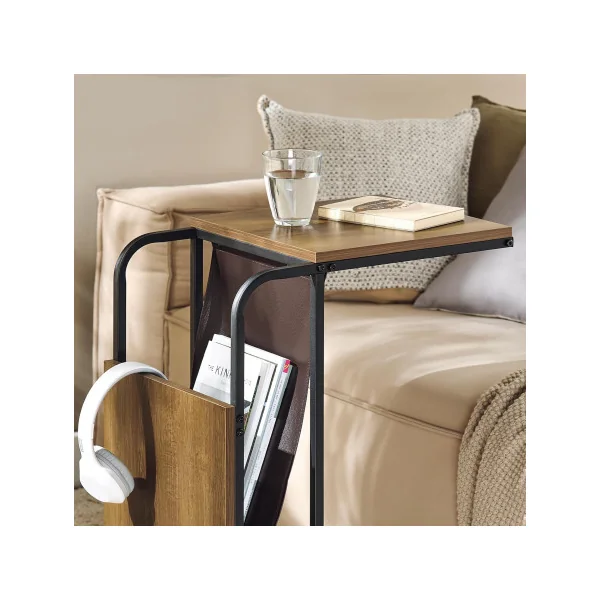 Table d’Appoint Bout de Canapé Industrielle Métal et Chêne Foncé