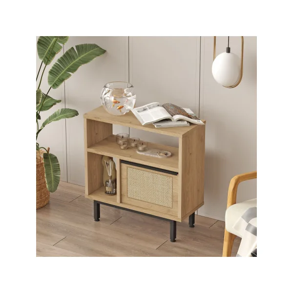 Table d'Appoint Petit Meuble Chêne et Rotin avec Placard Pieds Métal Noir