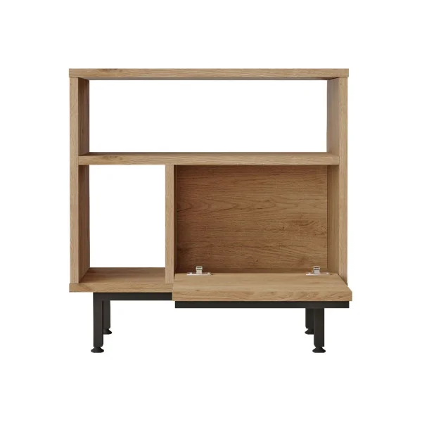 Table d'Appoint Petit Meuble Chêne et Rotin avec Placard Pieds Métal Noir