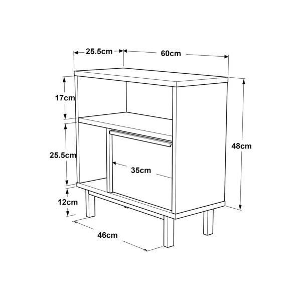 Table d'Appoint Petit Meuble Chêne et Rotin avec Placard Pieds Métal Noir