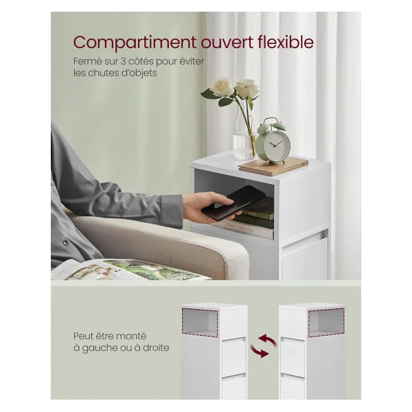 Table de chevet Blanche 2 Tiroirs 1 Compartiment Ouvert Table de Nuit Haute