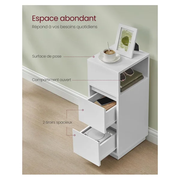 Table de chevet Blanche 2 Tiroirs 1 Compartiment Ouvert Table de Nuit Haute