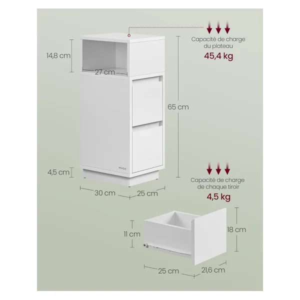 Table de chevet Blanche 2 Tiroirs 1 Compartiment Ouvert Table de Nuit Haute