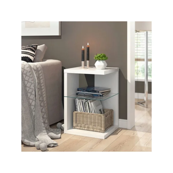 Table de Chevet Blanche Tendance Plateau Verre Table de Nuit Moderne Chevet de Lit
