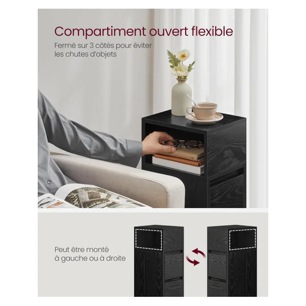 Table de chevet Noir 2 Tiroirs 1 Compartiment Ouvert Table de Nuit Haute
