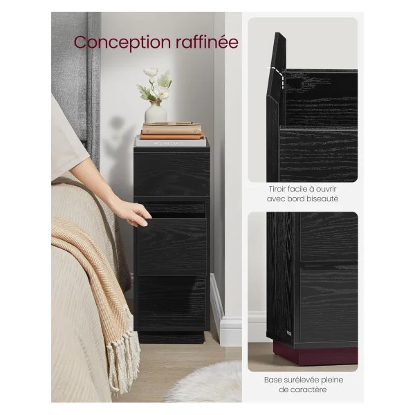 Table de chevet Noir 2 Tiroirs 1 Compartiment Ouvert Table de Nuit Haute