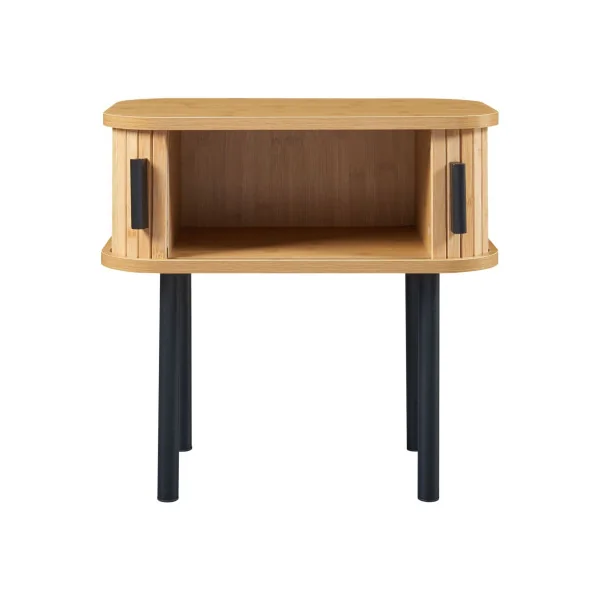 Table de Nuit en Bambou avec Porte Coulissante Pied Métal Noir Table Chevet Bambou Naturel