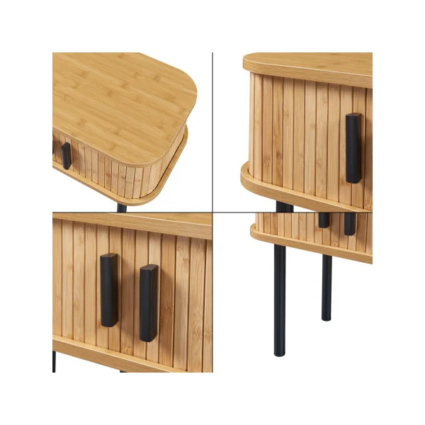 Table de Nuit en Bambou avec Porte Coulissante Pied Métal Noir Table Chevet Bambou Naturel