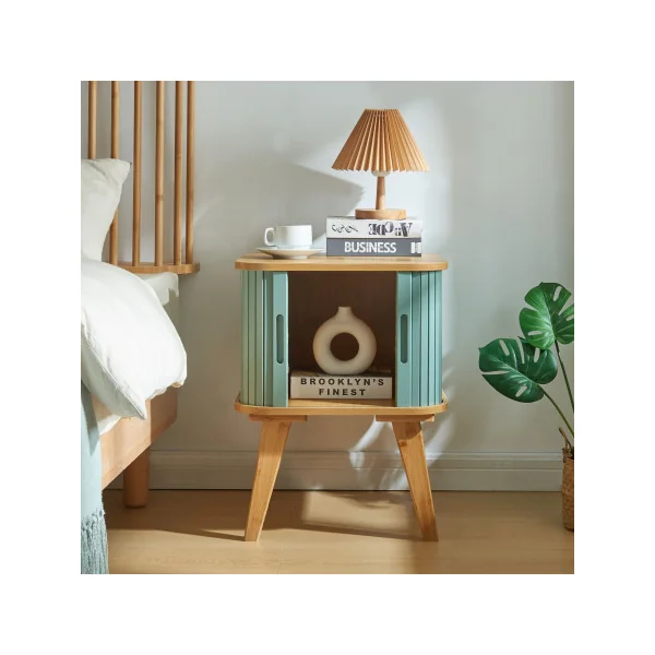 Table de Nuit en Bambou Bleu avec Porte Coulissante Pied Bois Table Chevet Bambou Naturel