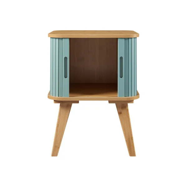 Table de Nuit en Bambou Bleu avec Porte Coulissante Pied Bois Table Chevet Bambou Naturel