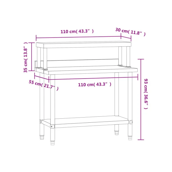 Table de Travail avec Etagères Plan de travail INOX 110 cm Professionnel Restauration Hôtellerie Cuisine